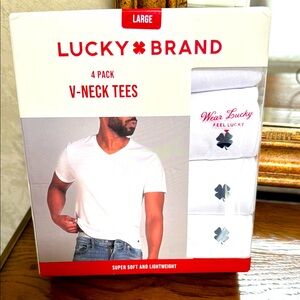 New Lucky Brand White V-Neck Tees 4-Pack.  Size L. Super soft and lightweight.